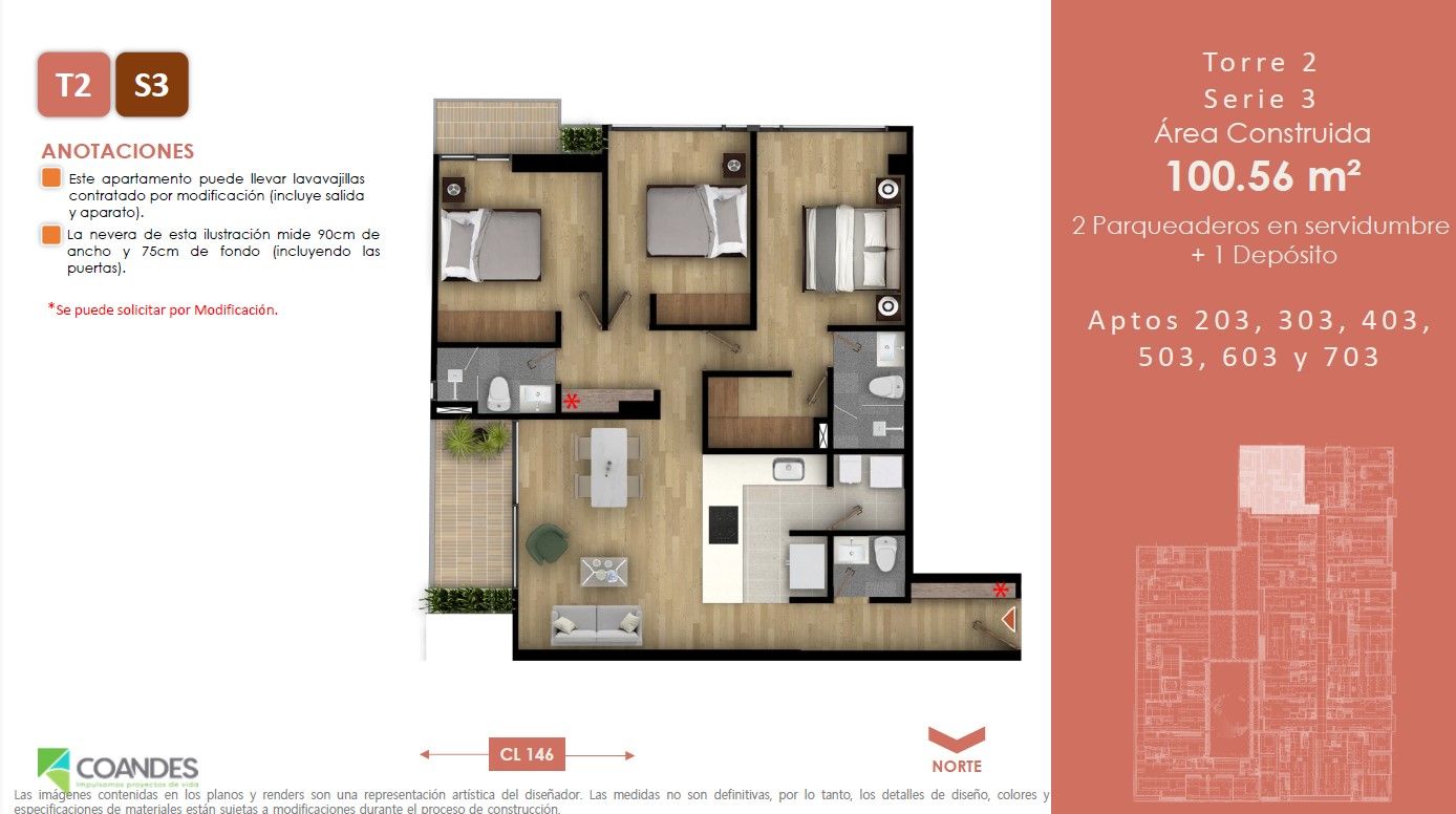 Vivienda No VIS Tei 146 Apartamento en venta Cundinamarca Bogotá Belmira 100 m2 Habitaciones 3 Baños 3 Garajes 2 Precio $892246700