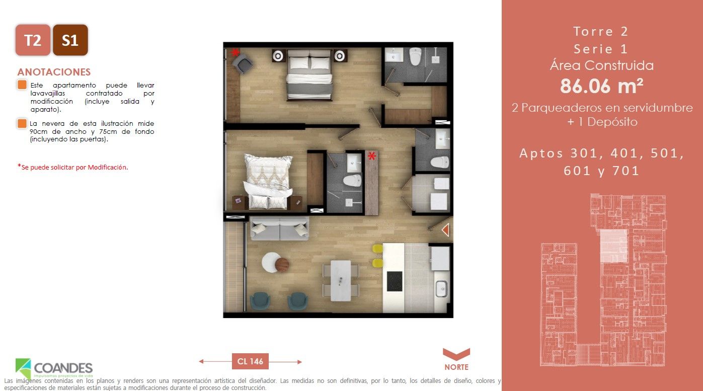 Vivienda No VIS Tei 146 Apartamento en venta Cundinamarca Bogotá Belmira 86 m2 Habitaciones 2 Baños 3 Garajes 2 Precio $782681181