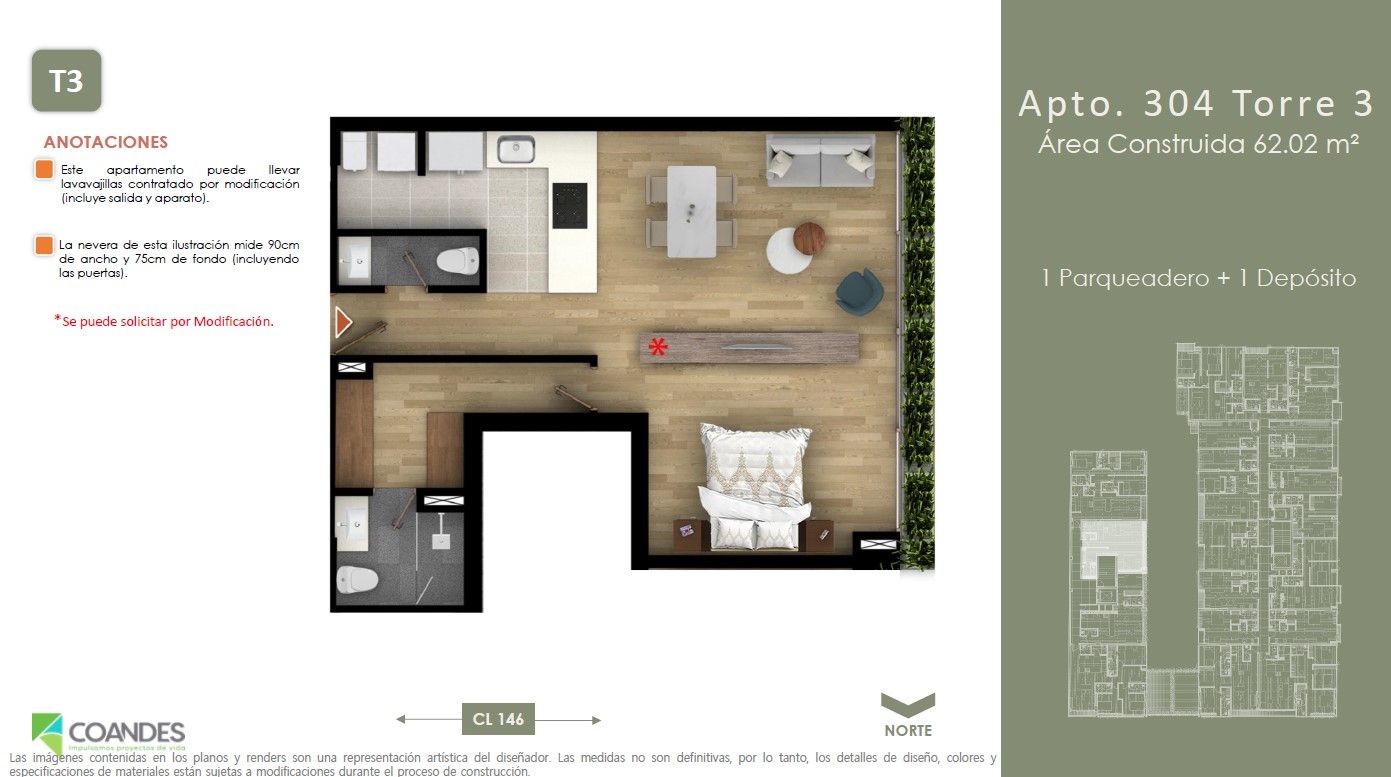 Vivienda No VIS Tei 146 Apartamento en venta Cundinamarca Bogotá Belmira 0 m2 Habitaciones 1 Baños 2 Garajes 1 Precio $569549922