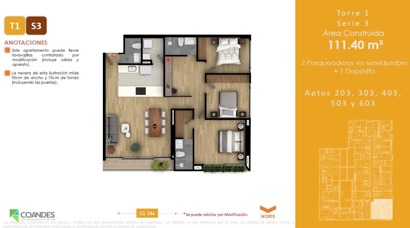 Vivienda No VIS Tei 146 Apartamento en venta Cundinamarca Bogotá Belmira 123 m2 Habitaciones 3 Baños 3 Garajes 2 Precio $1028692987